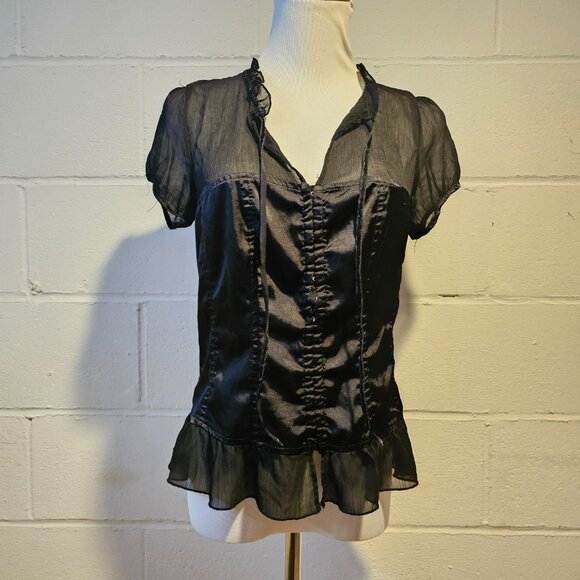 y2k Goth Emo McBling Western Girly Femi Fairy Wet Seal Black Sheer Blouse - Picture 1 of 11